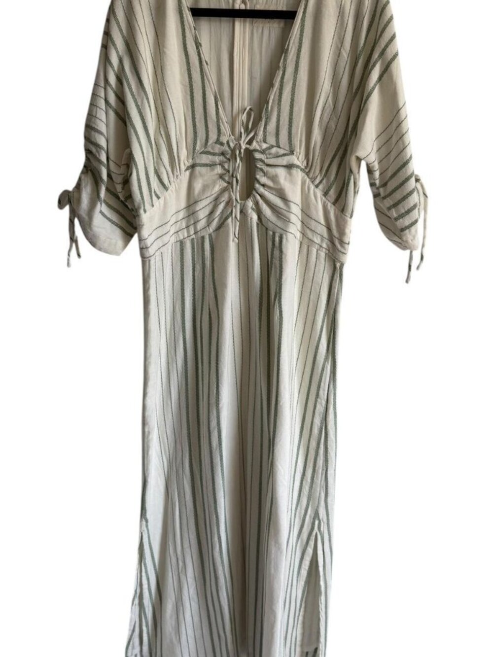 Mirth Silver Lake Dress Cotton Keyhole Green and White Striped Midi Dress, Size